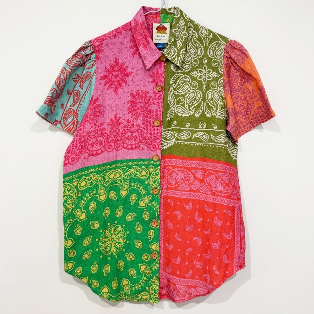 FARM Rio Anthropologie Printed Surf Shirt Paisley Colorblock Size XS Linen Blend